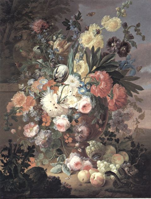 Anonimo — Fredriks Johannes Hendrick - sec. XVIII - Natura morta con vaso di fiori, frutta e vipera — insieme